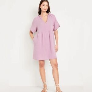 NWT Split-Neck Crinkle Gauze Mini Swing Dress